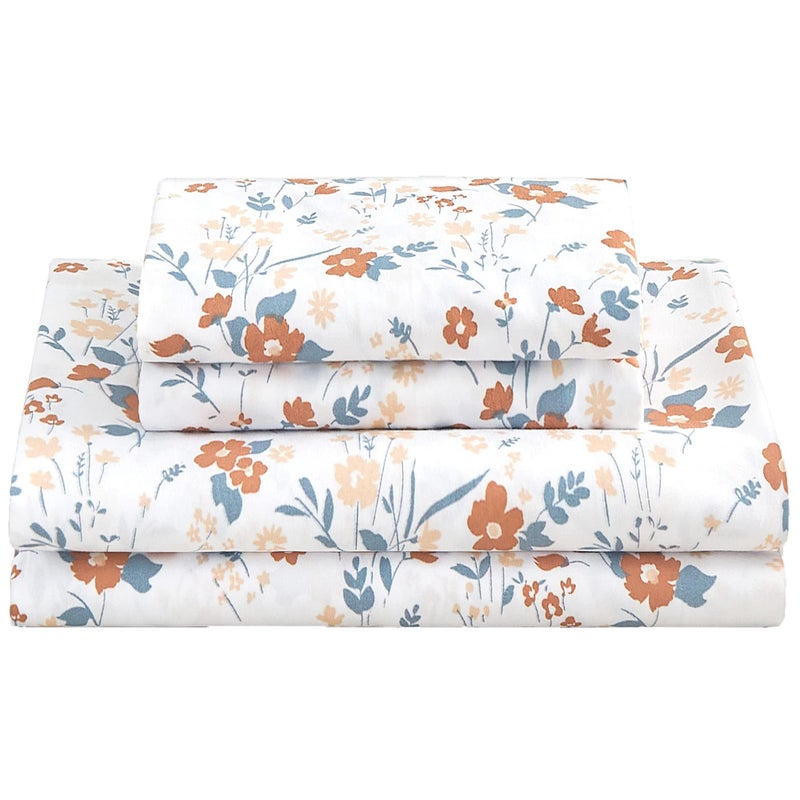 Softan Orange Flower Sheets for King Size Bed Floral Bed Sheets King Printed Sheets - 4 Piece Soft Microfiber Patterned Fitted Sheets King with 15" Deep Pocket - Image 1